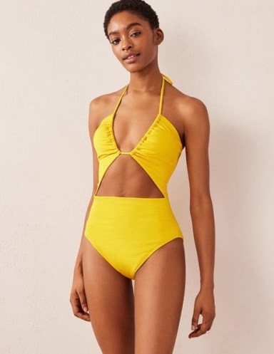 Boden Cut-out Detail String Swimsuit in Saffron Yellow Seersucker / women’s yellow halterneck swimsuits / womens strappy halter swimwear