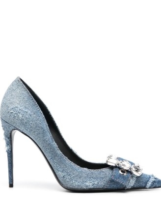Dolce & Gabbana crystal-embellished denim pumps indigo blue ~ designer courts ~ luxury buckled court shoes - flipped