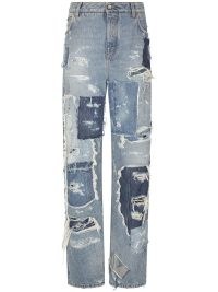 Dolce & Gabbana distressed patchwork wide-leg jeans in blue ~ women’s denim fashion ~ womens casual designer clothing ~ wide leg ~ patch details