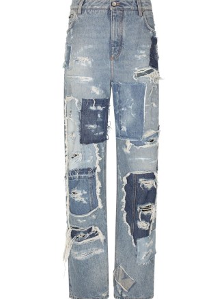 Dolce & Gabbana distressed patchwork wide-leg jeans in blue ~ women’s denim fashion ~ womens casual designer clothing ~ wide leg ~ patch details