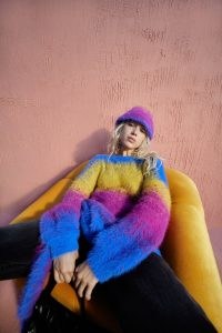 SIMON MILLER DOZY SWEATER in HAPPY KNIT | OVERSIZED CREW NECK FUZZY SWEATERS | women’s multicoloured jumpers | womens designer knitwear