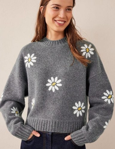 Boden Embellished Wool Jumper in Dark Grey Melange | women’s floral relaxed fit jumpers | womens knitwear - flipped
