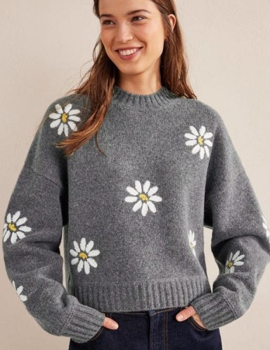 Boden Embellished Wool Jumper in Dark Grey Melange | women’s floral relaxed fit jumpers | womens knitwear