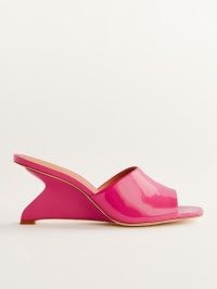 Reformation Enya Wedge Sandal in Corvette ~ hot pink patent wedges ~ high shine square toe mules ~ women’s shiny leather wedged heel sandals ~ womens luxury shoes