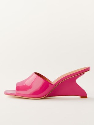 Reformation Enya Wedge Sandal in Corvette ~ hot pink patent wedges ~ high shine square toe mules ~ women’s shiny leather wedged heel sandals ~ womens luxury shoes - flipped