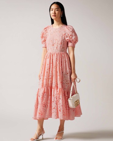 TED BAKER Esthher Puff Sleeve Tiered Midi Dress in Coral / puffed sleeved occasion dresses / women’s floral special event clothing spring summer 2023 / feminine fashion - flipped