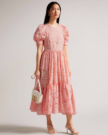 TED BAKER Esthher Puff Sleeve Tiered Midi Dress in Coral / puffed sleeved occasion dresses / women’s floral special event clothing spring summer 2023 / feminine fashion