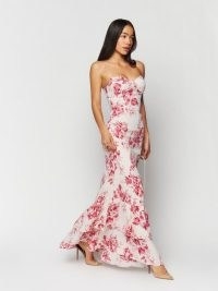 Reformation Fallon Dress in Paris – strappy floral print tiered ruffle hem maxi dresses – romance inspired occasion clothes – romantic skinny shoulder strap evening event fashion – sweetheart neckline – fitted bodice with mermaid silhouette – ruffled flared hemline