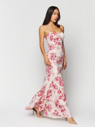 Reformation Fallon Dress in Paris – strappy floral print tiered ruffle hem maxi dresses – romance inspired occasion clothes – romantic skinny shoulder strap evening event fashion – sweetheart neckline – fitted bodice with mermaid silhouette – ruffled flared hemline