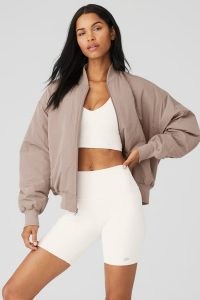 alo yoga FAUX FUR URBANITE BOMBER in Taupe/Ivory ~ women’s oversized front zip borg lined jackets