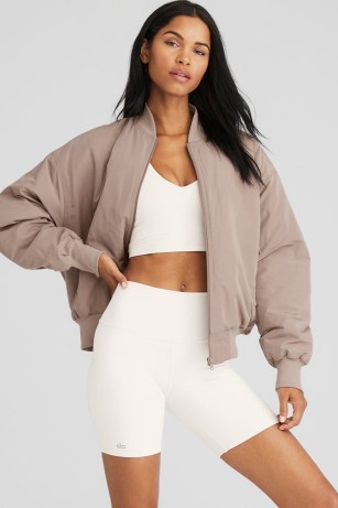 alo yoga FAUX FUR URBANITE BOMBER in Taupe/Ivory ~ women’s oversized front zip borg lined jackets - flipped