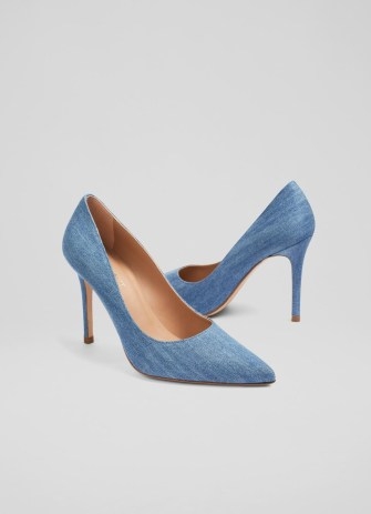 L.K. BENNETT Fern Blue Denim Pointed Toe Courts ~ high heel court shoes ~ stiletto heel pumps - flipped