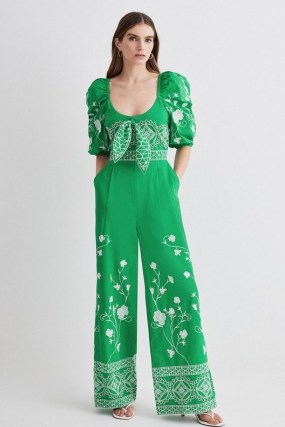 Karen Millen Floral & Geo Embroidered Woven Jumpsuit in Green / puff sleeve jumpsuits / boho style occasion clothes / women’s bohemian look all-in-one evening fashion - flipped