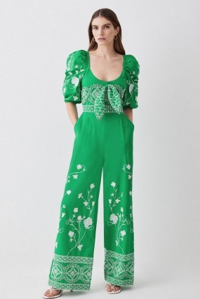 Karen Millen Floral & Geo Embroidered Woven Jumpsuit in Green / puff sleeve jumpsuits / boho style occasion clothes / women’s bohemian look all-in-one evening fashion
