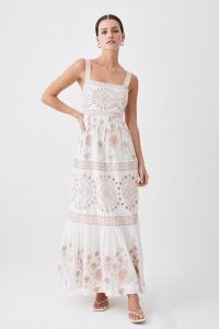 KAREN MILLEN Floral & Geo Embroidered Woven Midaxi in Stone ~ sleeveless square neck cotton dresses ~ women’s clothes spring summer 2023 ~ feminine fashion