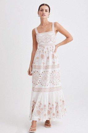 KAREN MILLEN Floral & Geo Embroidered Woven Midaxi in Stone ~ sleeveless square neck cotton dresses ~ women’s clothes spring summer 2023 ~ feminine fashion - flipped