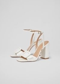 L.K. BENNETT Florance White Leather Buckle-Detail Sandals ~ chic block heel ankle strap sandal ~ chunky occasion heels ~ women’s strappy front buckled detail shoes ~ luxury footwear
