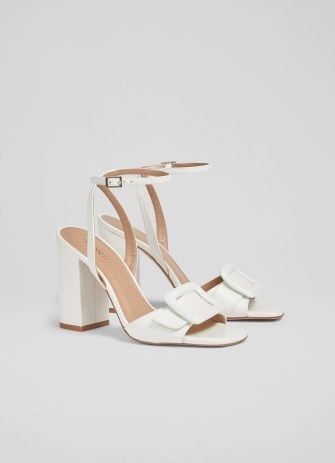 L.K. BENNETT Florance White Leather Buckle-Detail Sandals ~ chic block heel ankle strap sandal ~ chunky occasion heels ~ women’s strappy front buckled detail shoes ~ luxury footwear - flipped
