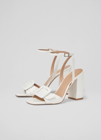 L.K. BENNETT Florance White Leather Buckle-Detail Sandals ~ chic block heel ankle strap sandal ~ chunky occasion heels ~ women’s strappy front buckled detail shoes ~ luxury footwear
