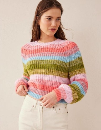 Boden Fluffy Ribbed Raglan Jumper in Rainbow Stripe ~ pink and green striped crew neck jumpers ~ women’s multicoloured sweaters ~ womens knitwear - flipped