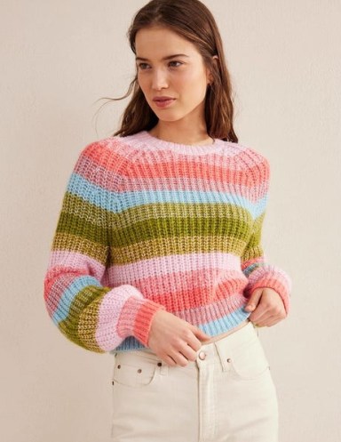 Boden Fluffy Ribbed Raglan Jumper in Rainbow Stripe ~ pink and green striped crew neck jumpers ~ women’s multicoloured sweaters ~ womens knitwear
