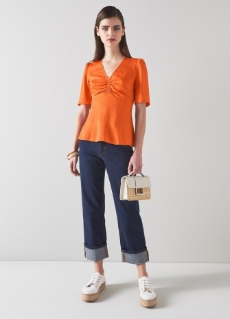 L.K. BENNETT Gabbi Orange Silk Textured Top / women’s luxury clothing / ruched detail tops - flipped