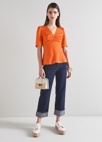 L.K. BENNETT Gabbi Orange Silk Textured Top / women’s luxury clothing / ruched detail tops