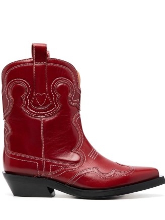 GANNI embroidered leather boots in cherry red ~ women’s western style footwear ~ womens cowboy fashion ~ cuban heels - flipped