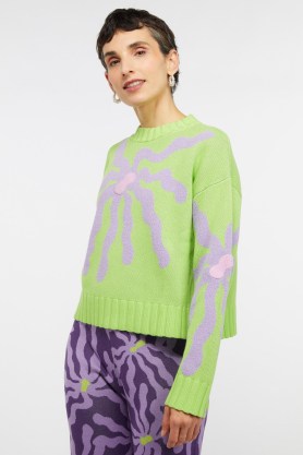 gorman Garden Party Knit Jumper in green – women’s organic cotton blend knitwear – womens floral jumpers – relaxed fit sweaters - flipped