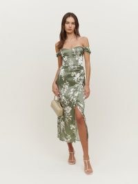Reformation Genesis Silk Dress in Willow ~ silky green floral print bardot dresses ~ luxury off the shoulder evening fashion ~ women’s luxe party clothes ~ special event clothing