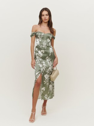 Reformation Genesis Silk Dress in Willow ~ silky green floral print bardot dresses ~ luxury off the shoulder evening fashion ~ women’s luxe party clothes ~ special event clothing - flipped