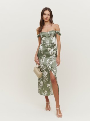 Reformation Genesis Silk Dress in Willow ~ silky green floral print bardot dresses ~ luxury off the shoulder evening fashion ~ women’s luxe party clothes ~ special event clothing