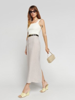 Reformation Gia Linen Skirt in Oatmeal | slim fitting back slit midi skirts | women’s fashion