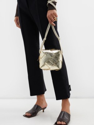 BOTTEGA VENETA Cassette mini Intrecciato-leather cross-body bag in gold / small shiny metallic crossbody bags ~ luxury designer handbags - flipped