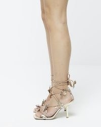 RIVER ISLAND GOLD 3D FLOWER STRAPPY HEELED SANDALS ~ ankle wrap square toe high heels with butterflies ~ metallic butterfly sandal ~ women’s embellished party shoes