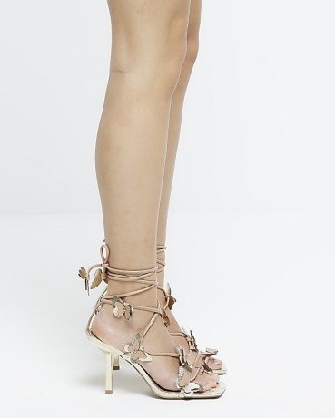 RIVER ISLAND GOLD 3D FLOWER STRAPPY HEELED SANDALS ~ ankle wrap square toe high heels with butterflies ~ metallic butterfly sandal ~ women’s embellished party shoes - flipped