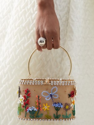 ROSANTICA Holli Garden bead and crystal-embellished clutch in gold | floral occasion bags | evening event handbags | top handle | beaded | luxury accessories
