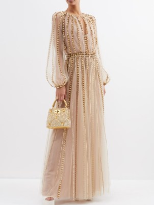 VALENTINO Pearl and sequin-embellished tulle gown in gold – luxury sheer net overlay gowns – red carpet worthy dresses – luxe occasion fashion – women’s event clothing – balloon sleeve clothing – sequinned floral embellishments - flipped