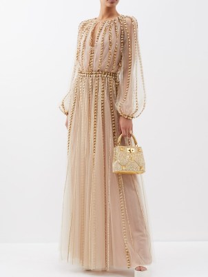 VALENTINO Pearl and sequin-embellished tulle gown in gold – luxury sheer net overlay gowns – red carpet worthy dresses – luxe occasion fashion – women’s event clothing – balloon sleeve clothing – sequinned floral embellishments