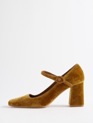 LE MONDE BERYL Velvet Mary Jane pumps in gold – plush block heel Mary Janes