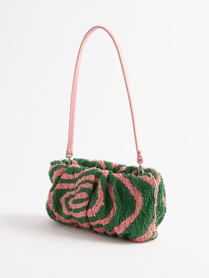 STAUD Bean beaded leather shoulder bag in green and pink / 90s style bead embellished evening bags / vintage inspired accessories / 1990s look baguette handbags - flipped