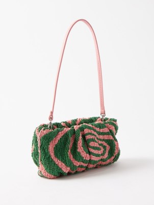 STAUD Bean beaded leather shoulder bag in green and pink / 90s style bead embellished evening bags / vintage inspired accessories / 1990s look baguette handbags