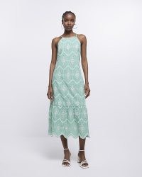 RIVER ISLAND GREEN BRODERIE MIDI DRESS ~ strappy tiered and scalloped hem dresses ~ womens cotton fashion ~ women’s floral embroidered clothes