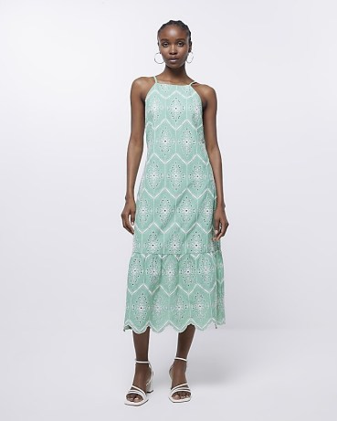 RIVER ISLAND GREEN BRODERIE MIDI DRESS ~ strappy tiered and scalloped hem dresses ~ womens cotton fashion ~ women’s floral embroidered clothes - flipped
