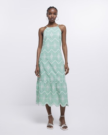 RIVER ISLAND GREEN BRODERIE MIDI DRESS ~ strappy tiered and scalloped hem dresses ~ womens cotton fashion ~ women’s floral embroidered clothes