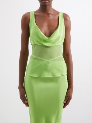 CHRISTOPHER ESBER Cowl-neck silk tank top in green / sleeveless draped neckline occasion tops / sheer occasion clothes / women’s luxury fashion - flipped