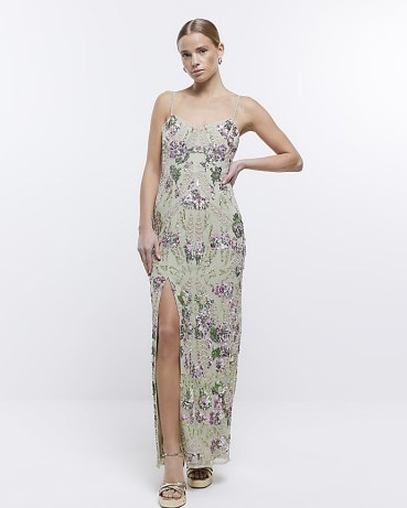 RIVER ISLAND GREEN FLORAL SEQUIN BODYCON MAXI DRESS / strappy sequinned and bead embellished evening dresses / beaded occasion fashion / womens skinny shoulder strap going out clothes