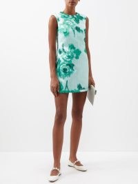 EMILIA WICKSTEAD Emmy floral-print crepe mini dress in green – women’s luxe sleeveless shirft dresses – womens luxury occasion fashion – special event clothes