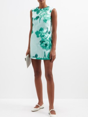 EMILIA WICKSTEAD Emmy floral-print crepe mini dress in green – women’s luxe sleeveless shirft dresses – womens luxury occasion fashion – special event clothes - flipped