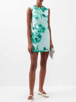 EMILIA WICKSTEAD Emmy floral-print crepe mini dress in green – women’s luxe sleeveless shirft dresses – womens luxury occasion fashion – special event clothes
